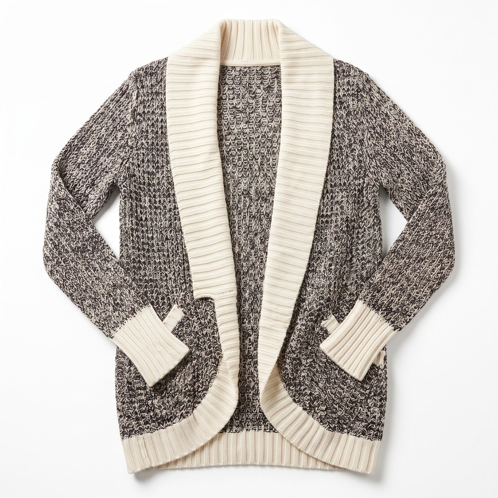 Quinn Womens S/P Black Cream Marl Chunky Knit Shawl Collar Cardigan Cozy Boho